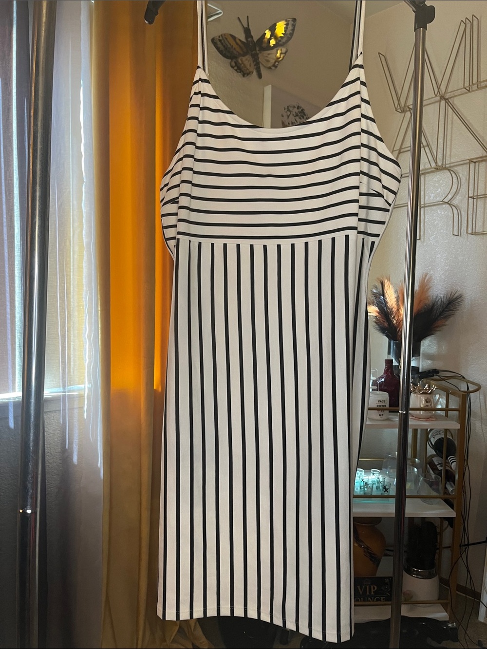 Black and White Striped Spaghetti Strap Midi Dress